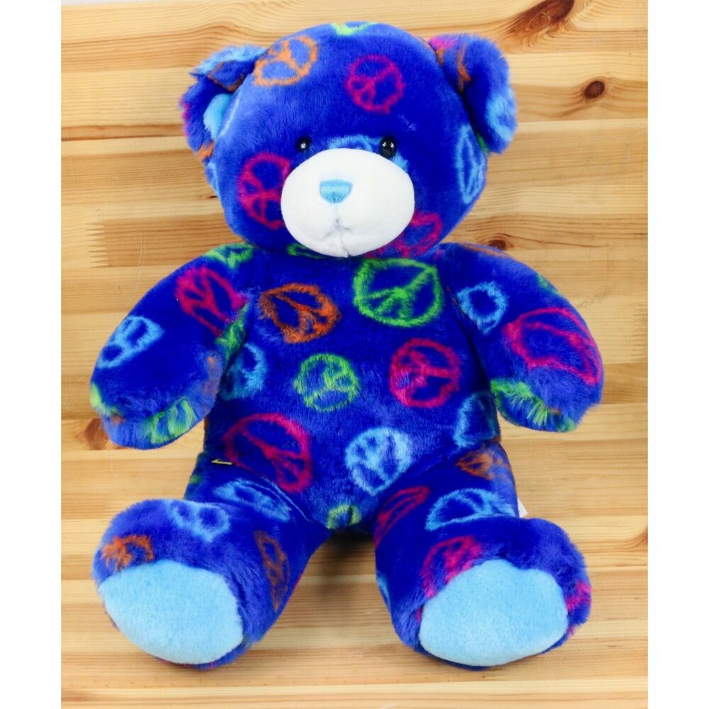 Build A Bear Plush PEACE SIGN 15" Bright Blue Smiley Face Groovy Animal